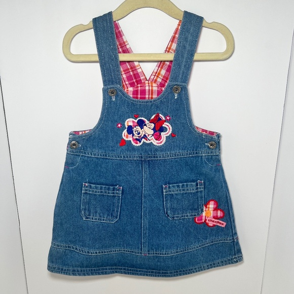 Y2K Vintage Disney Baby Minnie/Mickey Denim Dress Plaid Pink Floral Kiss RARE - Picture 1 of 6